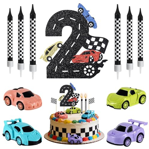 15Pcs Race Car 2nd Birthday Cake Decor Set, Number 2 Topper & 6 Candles | Racing theme cake decorations with glitter number 2 topper, checkered candles and mini cars, for 2 birthday party