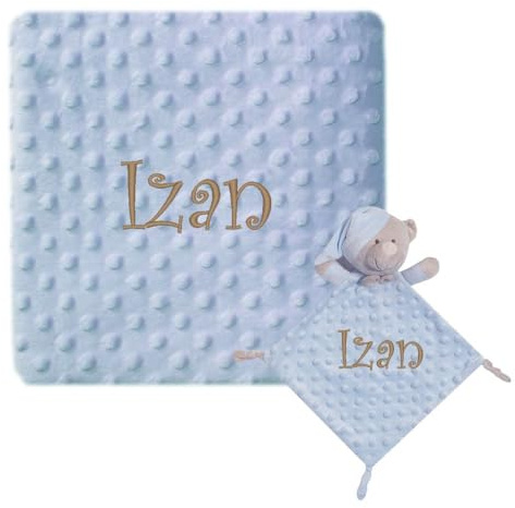 various Set Regalo Neonato Personalizzato con Nome Ricamato, Coperta Minky Ultra Morbida e Doudou per Bambino o Bambina, Idea Regalo Nascita e Baby Shower con Scatola Regalo Colore Blu