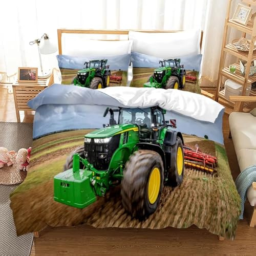 BJCJGGL Bettwäsche 135x200 GrüNer Traktor Bettwäsche-Set mit Reißverschluss Schließung und 2 Kopfkissenbezug 80x80 cm - Weicher Atmungsaktive Mikrofaser Bettbezug für Kinder Mädchen