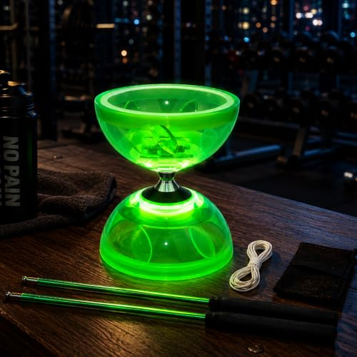 HOVCEH Diabolo a LED con cuscinetti a sfera, 4 colori lampeggianti, set triplo stoccaggio con corda di ricambio da 10 m, asta, borsa a rete, per adulti, principianti e professionisti