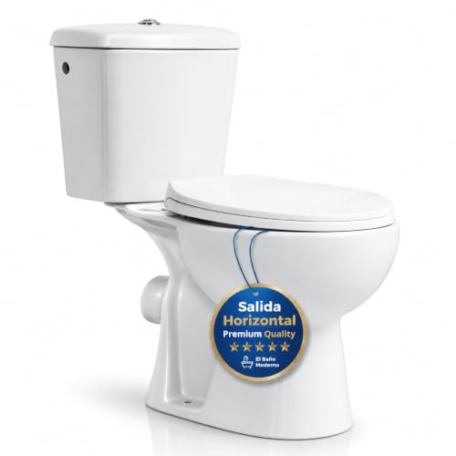 Inodoro Completo con Cisterna y Tapa Soft Close. WC de Suelo | Salida Horizontal. Váter de Porcelana Blanca Antibacteriana. Doble Descarga 3 y 4,5 Litros. Asiento Ergonómico