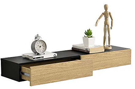 [en.casa] 2er Set Wandregal mit Schublade Schwarz/Holz Hängeregal Wand Regal Schrank Tisch Nachtschrank Kommode Wandboard Wandschublade