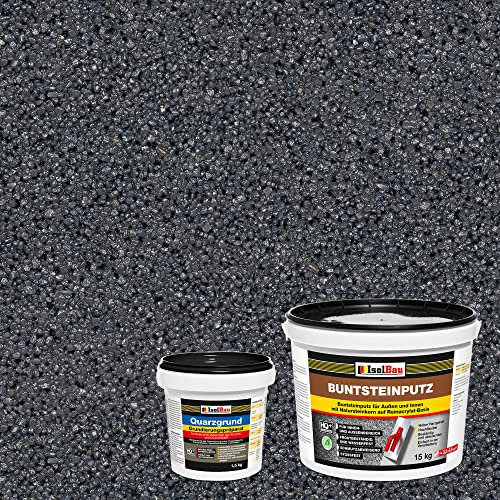 Isolbau Buntsteinputz - Mosaikputz für innen & außen - Frostsicher, wasserfest, stoßfest - BP100 (Anthrazit), 15 kg + Quarzgrund 1,5 kg