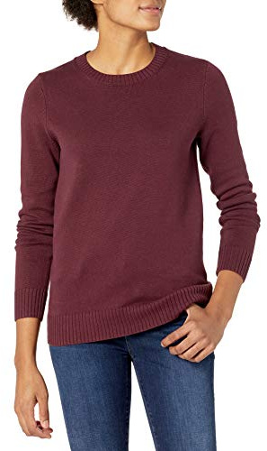 Amazon Essentials Jersey en Algodón de Cuello Redondo (Disponible en Tallas Grandes) Mujer, Burdeos, S