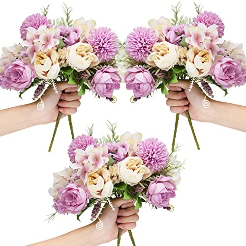 LAWOHO Artificial Flowers, 6 Packs Fake Peony Silk Hydrangea Bouquet Decor Plastic Carnations Daisy Realistic Flower Home Office Party Decor Arrangements Wedding Decoration Table Centerpieces Purple