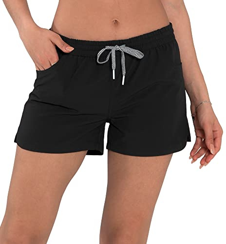 Actleis Womens Swim Shorts UPF50+ Board Shorts Quick Dry Beach Shorts Drawstring Sports Summer Bottom L Black