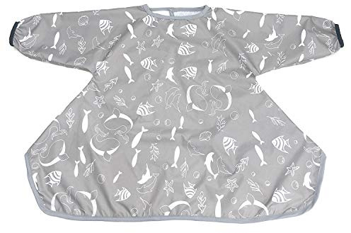 HIVVI Long Sleeve Baby Bib, Attaches to Highchair, Waterproof & Portable (Gray Seaworld)