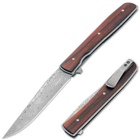 BÖKER PLUS® Urban Trapper Cocobolo Damast - hochwertiges Damaszener Gentleman Taschenmesser - superscharfes Damaststahl Einhand EDC Klappmesser in Geschenk-Box