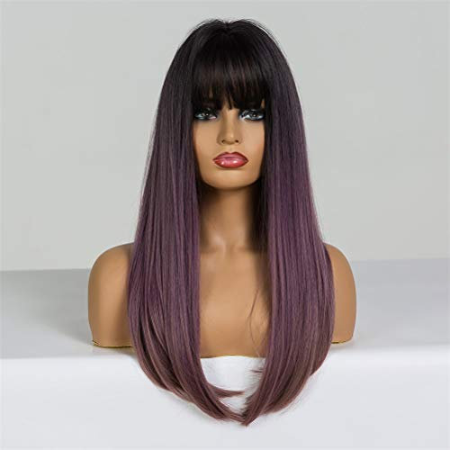 YTOOZ Pelucas Delanteras de Encaje sintético Cabello Largo y Liso y Flequillo Negro Lila Púrpura Marrón Ombre Peluca de Cabello sintético para Damas Peluca de Cosplay Resistente al Calor, C