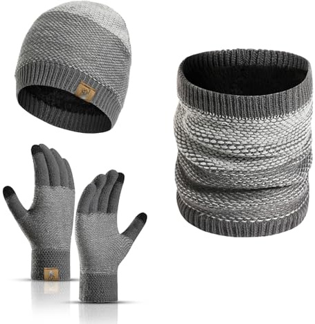 INSISMY Mütze Schal Handschuhe Set Herren Halswärmer mit Fleecefutter | Touchscreen Handschuhe für Smartphones, Fleece Wintermütze, Strick Loop Schal für Herren & Damen, 3 Varianten verfügbar