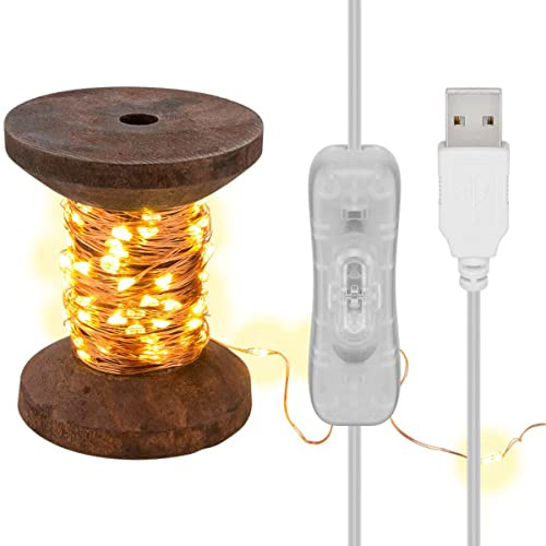 LED Lichterkette Garnspule, Dekorationslampe, Echtholz, Klein, Warmweiß, Braun