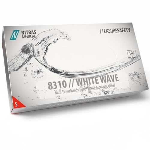 Nitras 8310 White WAVE puderfreie, unsterile, medizinische, lebensmittelgeeignete Nitril-Einmalhandschuhe Farbe weiß, 100 Stück im Spenderkarton Größe S