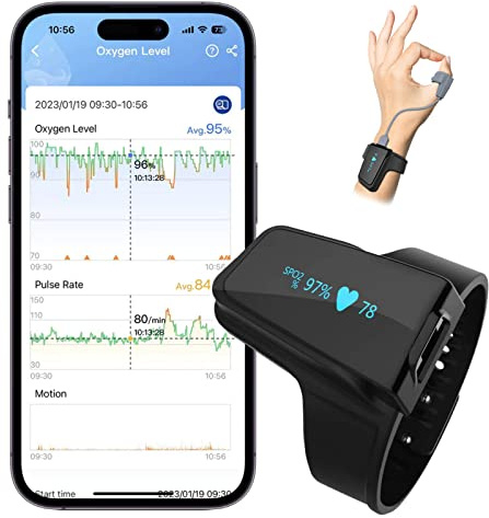 ViATOM Oxymètre de Pouls Bluetooth avec Mode de Surveillance Continue - Moniteur d'Apnée du Sommeil Portable de Poignet avec APP Professionnel et Rapport Divisible