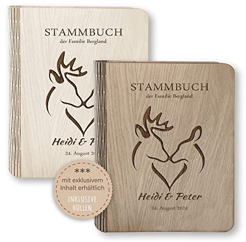 Stammbücher Holz Stammbuch der Familie personalisiert Takura Holzbuch A5 oder A4 Familienstammbuch Hirsch REH beige braun Handarbeit