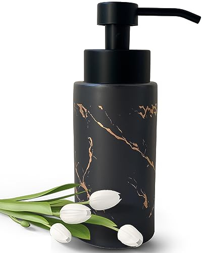 Dispenser di sapone schiumoso da 270 ml, dispenser per sapone in schiuma, per bagno e cucina, ricaricabile, moderno dispenser a pompa in schiuma, erogatore a pompa manuale in ceramica nera (marmo