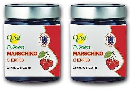 Ved Gourmet Originale Ciliegie Rosse al Maraschino - Ciliegia Italiana per Cocktail Old Fashioned - Cocktail Vegano, Ciliegie Bourbon in Sciroppo Naturale per Topping Cocktail (Pack of Two)