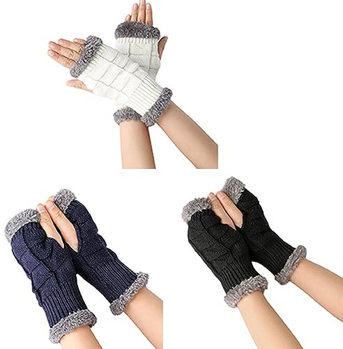 3 Paar Armstulpen Damen Warm, Kurze Gestrickte Handschuhe Fingerlose Handschuhe Winter Plüsch Armwärmer Armhandschuhe Retro Strickhandschuhe Pulswärmer Frauen Halb Fäustlinge Stulpen Handschuhe