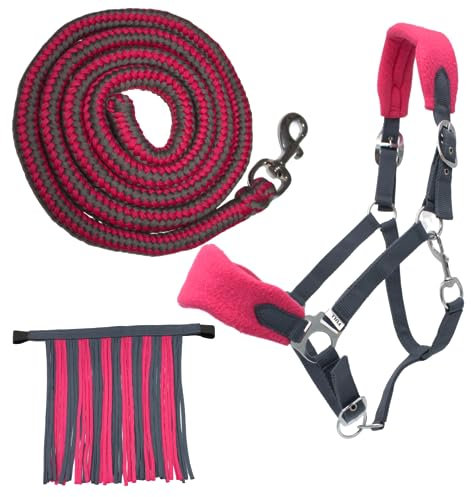 PFIFF 103103 Halfter-Set „Sunny“, 3-teiliges Set aus Halfter, Strick und Fliegenfransen, individuell anpassbar, Grau-Rosa, Pony