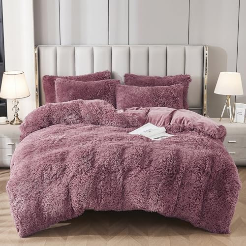 Uhamho Faux Fur Velvet Fluffy Bedding Duvet Cover Set Down Comforter Quilt Cover with Pillow Shams, Ultra Soft Warm and Luxury (Queen, Dusty Rose)