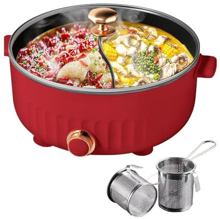 ARTSIM Appareil Fondue, 6 litres, 1350 Watts, 30cm De DiamèTre Fondue Chinoise Convient Aux Petites FêTes (avec 2 Filets Non éTanches),Red