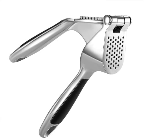 Honsen Garlic Press Easy to Squeeze and Clean,Stainless Steel Mincer & Crusher with Soft Easy-Squeeze Ergonomic Handle