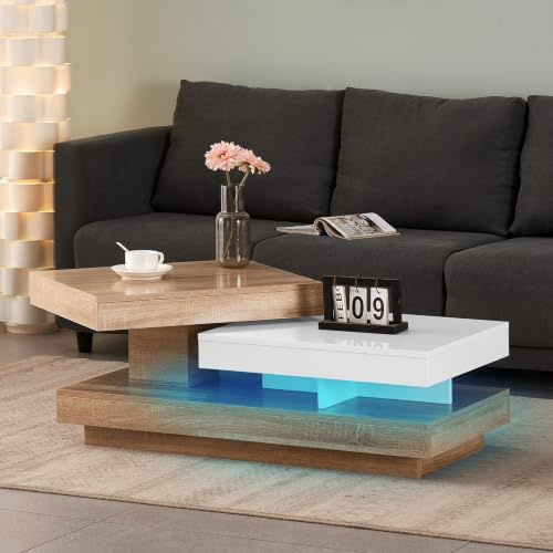 JYMTOM Table basse haute brillance, table d'appoint rectangulaire moderne avec compartiment de rangement, table à thé moyenne pour salon, blanc
