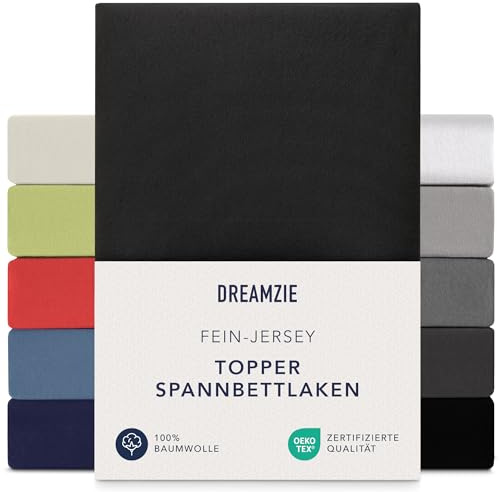 Dreamzie - Topper Spannbettlaken - 180x200cm / 200x200cm - 100% Baumwolle | Schwarz · Steghöhe 15cm · Oeko-Tex zertifiziert · Premium Jersey · Elastikband · Spannbetttücher für Topper