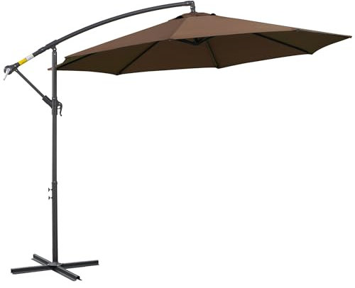 Outsunny 3(m) Garden Banana Parasol Hanging Cantilever Umbrella with Crank Handle, 8 Ribs and Cross Base for Outdoor, Sun Shade, Brown