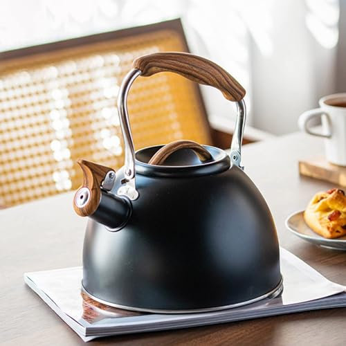 Bouilloire sifflante sur cuisinière, bouilloire en acier inoxydable de 3 litres, théière vintage de style rétro, avec poignée en grain de bois et sifflet haut, bouilloire de cuisine, pour cuisinièr