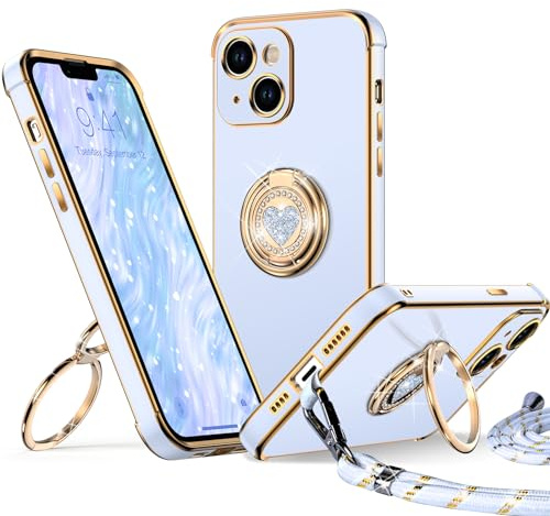 XYZ for iPhone 14 Case with Stand, Double Ring Holder Case Heart with Lanyard for Girls Women, Luxury Cute Bling Protective Phone Cover Case for iPhone 14, Blue
