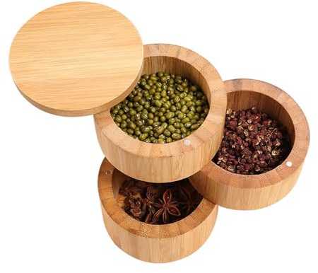 Salero Triple de Bambú, Contenedor de Madera de Bambú de 3 Niveles para el Hogar, Contenedor de Condimentos de 3 Niveles con Tapa, Organizador de Condimentos de Madera de Bambú, Contenedor de Almacena