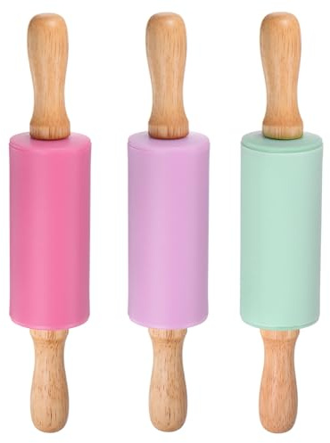 sourcing map 3pcs Silicone Rolling Pins for Baking 9.25 Inch Non-Stick Silicone Surface Wooden Handle Rolling Pin Small Roller Playdough Rolling Pins for Dough Pizza, Green/Red/Ppurple