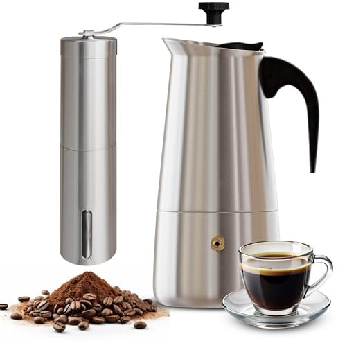 galvxn. Cafetera Italiana inducción - Cafetera Italiana acero inoxidable - PACK con molinillo manual para café - cafetera italiana - 6 tazas(300 ml) - Compatible con gas, vitrocerámica e inducción.