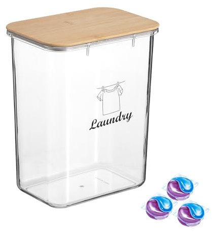 Xbopetda Laundry Pods Storage Container, Laundry Storage Containers with Wooden Lid, washing powder storage for Laundry Room Organisation and Storage, Clear Storage Bins for Laundry Beads Pods Powder