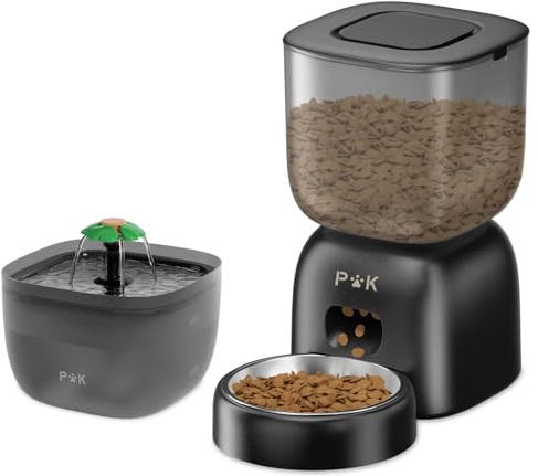 Distributeur Croquettes Chat Automatique et Fontaine à Eau Chat Combo, Autonomie de la Batterie jusqu'à 180 Jours, Enregistrement Vocal 10S, 3L Gamelle Automatique et 2L Fontaine