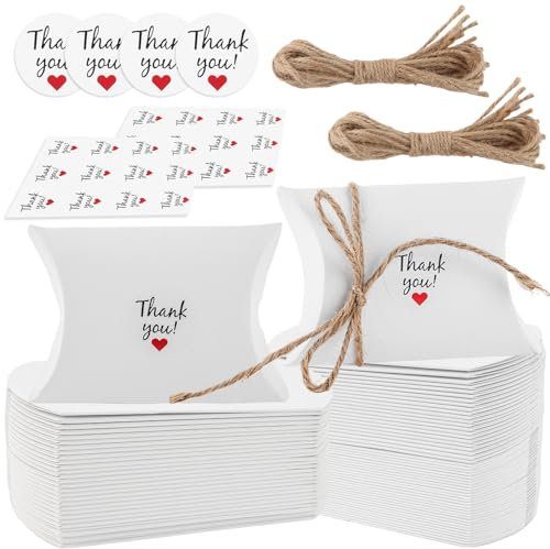 YAYODS 150 Stück Kissenschachtel Geschenkschachtel Kleine Tüten Geschenkbox Weihnachten mit Aufkleber, Juteschnur - 9x6x2,6cm DIY Gastgeschenke Hochzeit, Karton Klein Geschenkverpackung, Weihnachtsbox
