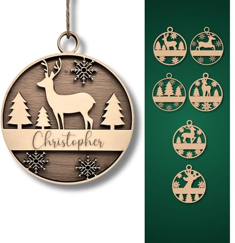 Weihnachtsornamente - Personalisiertes Weihnachtsbaum-Ornament – Holzanhänger Rentier-Design mit 6 festlichen Motiven und Wunschnamen