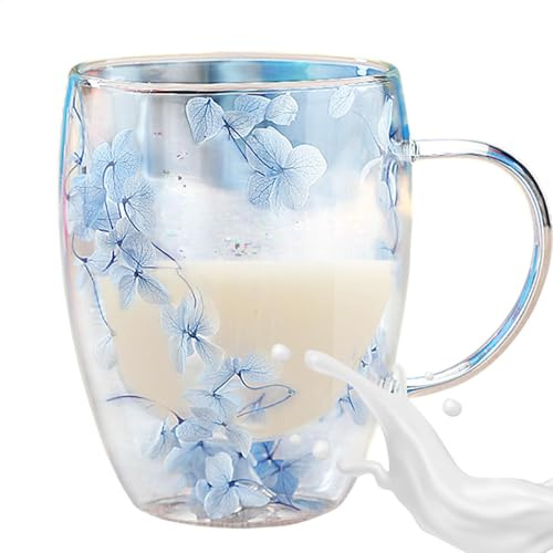 Floral Double Wall Glass Mug Cup - 350ml Insulated Layer Coffee Cup with Ergonomic Handle, Anti-Scald Tea Cup with Dry Flowers for Cold Drinks Milk Juice Hot Tea