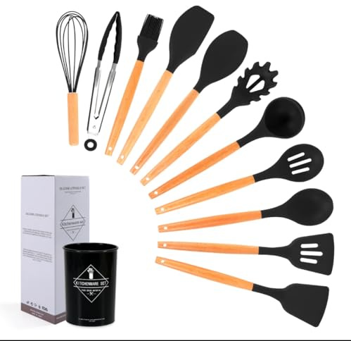 Silicone Kitchen Utensil Set, 12 Pieces, Wooden Handle, Heat Resistant, Non-Stick, Dishwasher Safe (Black)