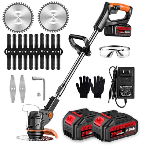 Débroussailleuse électrique sans fil 21 V avec 2 batteries de 4,0 Ah et lames métalliques, tête rotative à 90° et diamètre de coupe de 15,2 cm, débroussailleuse de jardin pour nettoyer les mauvaises