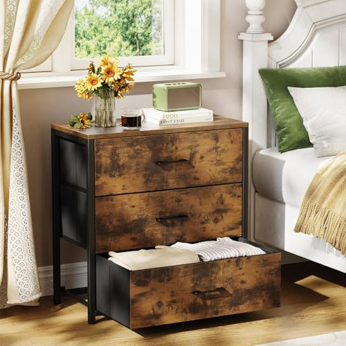 Memobarco Nightstand, End Table, Bedside Table, Small Tall Dresser for Bedroom with 3 Storage Drawer, Chest of Drawers Fabric Dressers with Steel Frame, Wooden Top & Front for Living Room
