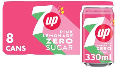 7UP Zero Pink Lemonade, 330ml can (Pack of 8)