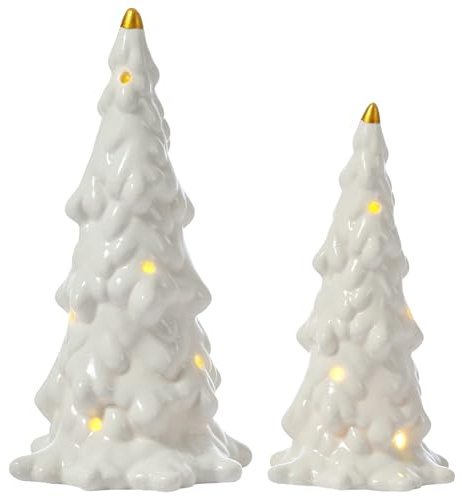 DN DECONATION Weißer Weihnachtsbaum mit Licht, 2er Set Schneebedeckte Tischdekoration, Batteriebetriebener Keramik-Weihnachtsbaum für Zuhause, Büro, Kaminsims & Weihnachtsdorf
