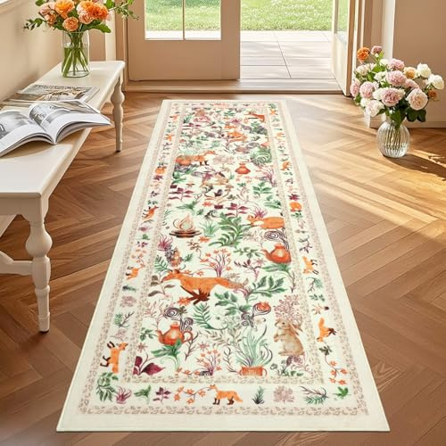 GEANUP Teppich Läufer Flur 60x180 cm, Beige Küchenläufer Waschbar rutschfest, Weicher Schlafzimmer Teppich Läufer, Märchenstil Fuchs Flurteppich für Korridor Waschküche Wohnzimmer Kinderzimmer