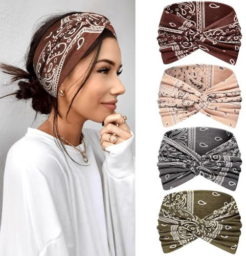 Bandana Haarband Damen, Stretch Stirnband Damen Stylischer Accessoire für Frisuren,Paisley-Stirnband, 4er Set, Braun Beige Schwarz Olivgrün, Elastisch Geknotet