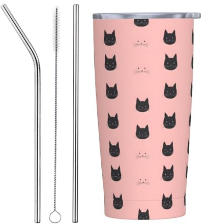 Vaso con diseño de gatos con tapa y popote, vasos aislados de acero inoxidable de 20 onzas, taza de café personalizada, botella de agua