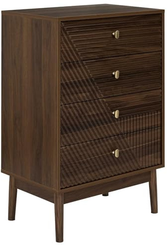 HowHomely | Cómoda Lare en color nogal – Aparador con 4 cajones, frontales geométricos, asas doradas, muebles modernos para dormitorio, salón, pasillo