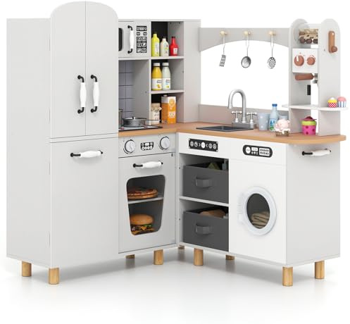 COSTWAY Kinderküche, Eck-Spielküche inkl. 12 Zubehör & Stoffkörben, Holzküche mit Doppeltür-Kühlschrank, Kaffeemaschine & Waschmaschine, Spielzeugküche mit Licht & Sound für Kinder ab 3 Jahren (Weiß)
