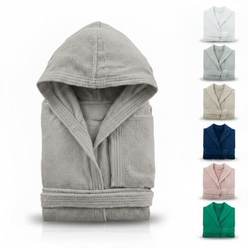 l&j Beige unisex 100 % bomull mjuk och absorberande frottébadrock med bältesfickor för sportdusch, Färg: grå, 38