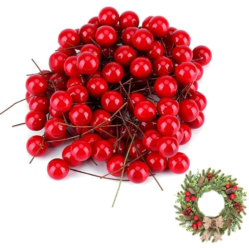 100 bacche rosse natalizie per ghirlande di Natale, decorazione natalizia artificiale, bacche di agrifoglio, bacche finte, decorazione su filo di Natale, albero di Natale, ghirlanda di fiori